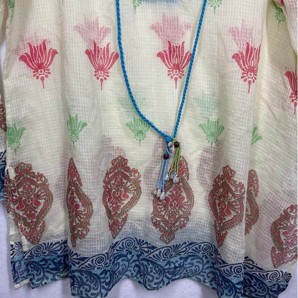Rara Avis by Iris Apfel Printed Kurta Tunic Top Blouse Semi Sheer Tassels Sz 16 - Picture 4 of 14